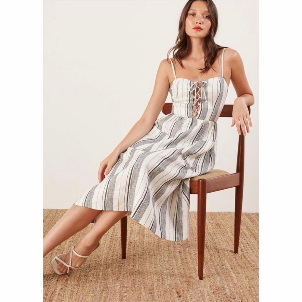 Reformation Ellen White Gray Striped Fit N Flare Linen Midi Dress - Picture 2 of 10